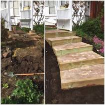 Before and after treated pine steps with recycled brick inlay